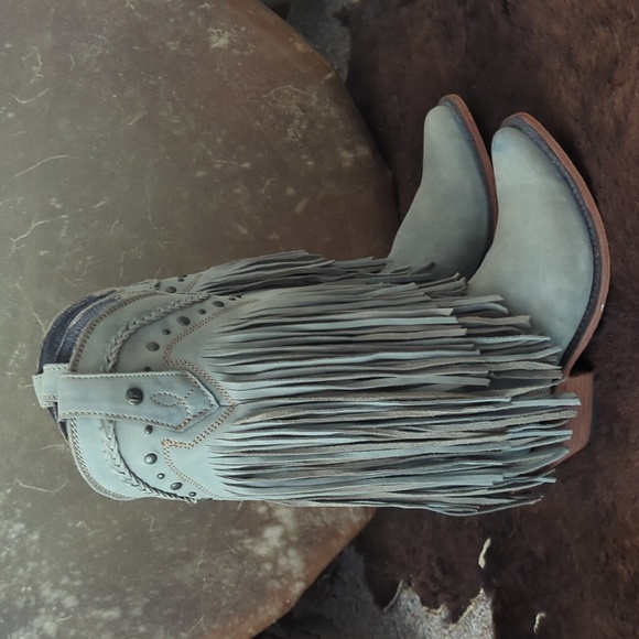 LIBERTY BLACK Vegas Fringed leather boots "Ciel"/Ice Blue LB71124 snip toe sz6.5 - Picture 4 of 16